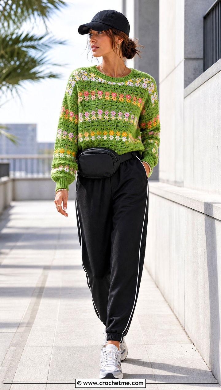 Wildflower Stripe Crochet Sweater With Track Pants - 35 crochet sweater with flowers outfit ideas