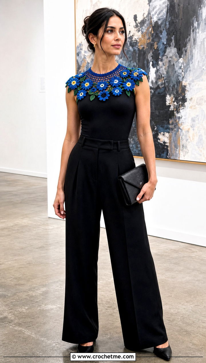 Wildflower Yoke Collar With Wide Leg Trousers - 15 handmade floral crochet collar outfit ideas
