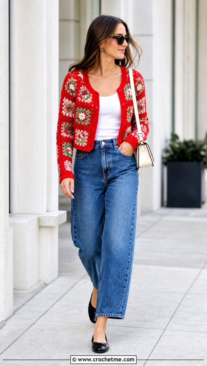Willow Granny Square Cardigan With Barrel Jeans - 35 Willow Granny Square Cardigan outfit ideas