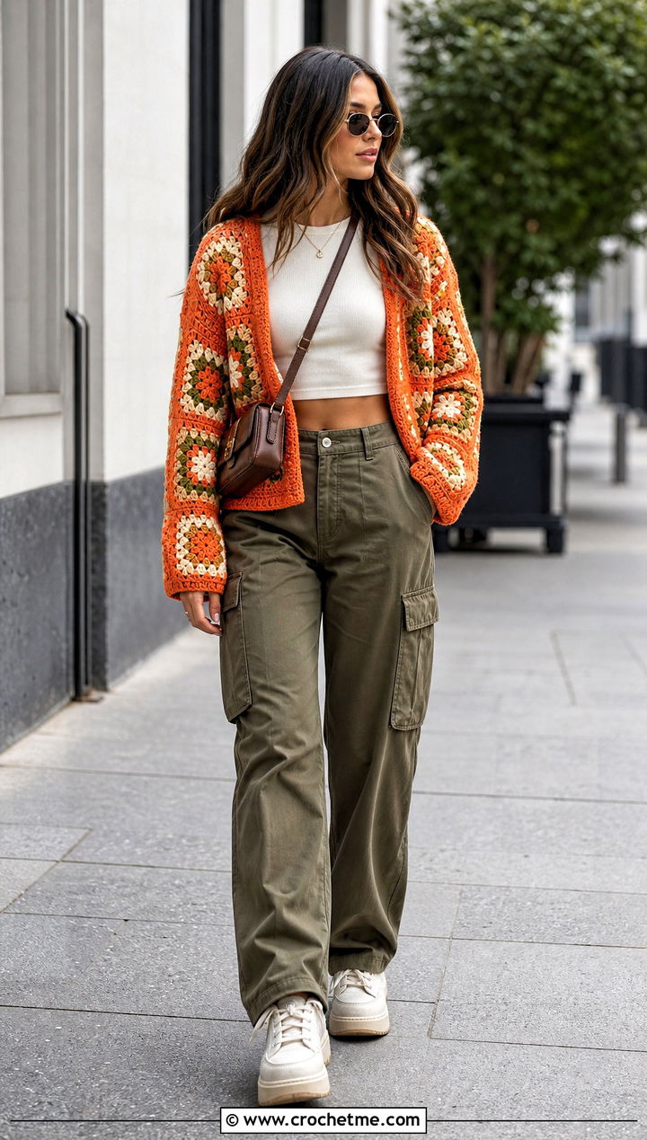 Willow Granny Square Cardigan With Cargo Pants - 35 Willow Granny Square Cardigan outfit ideas