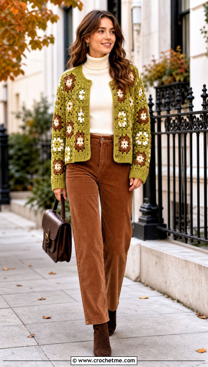 Willow Granny Square Cardigan With Corduroy Pants - 35 Willow Granny Square Cardigan outfit ideas