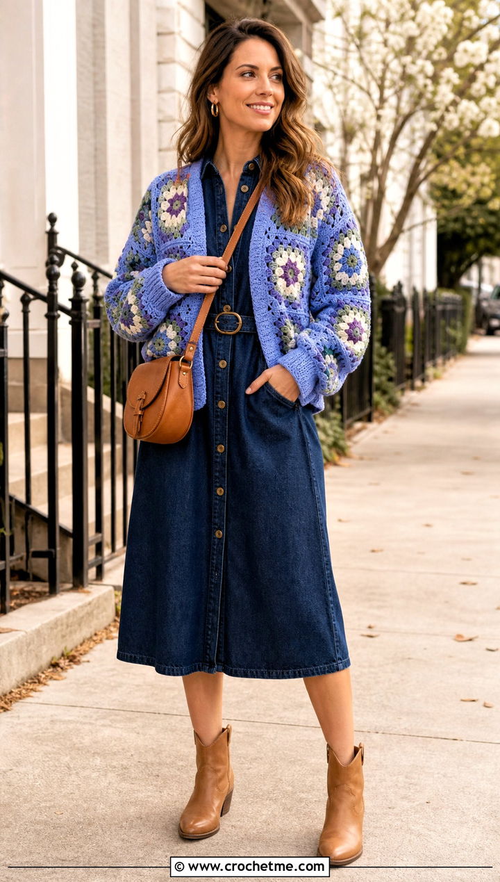 Willow Granny Square Cardigan With Denim Dress - 35 Willow Granny Square Cardigan outfit ideas
