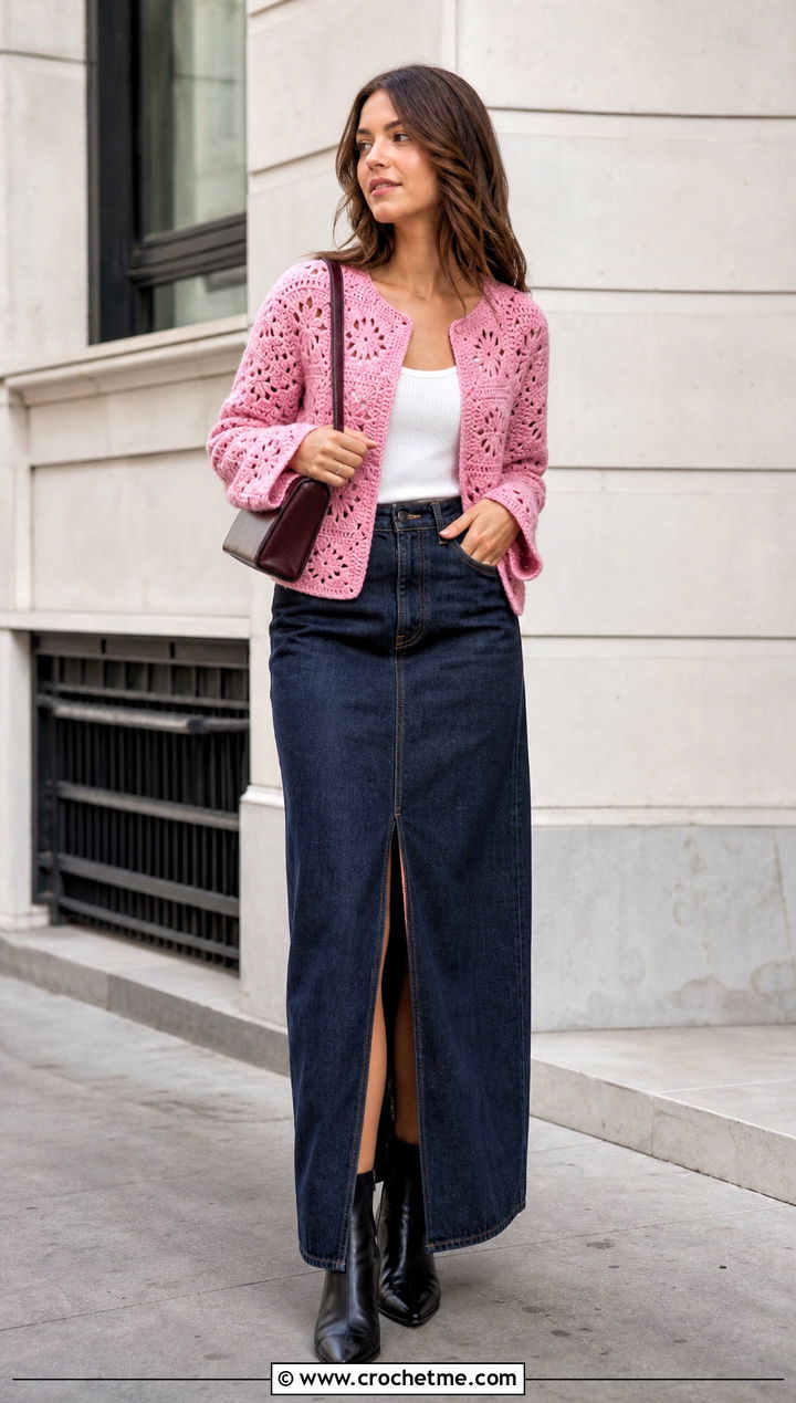 Willow Granny Square Cardigan With Denim Maxi Skirt - 35 Willow Granny Square Cardigan outfit ideas
