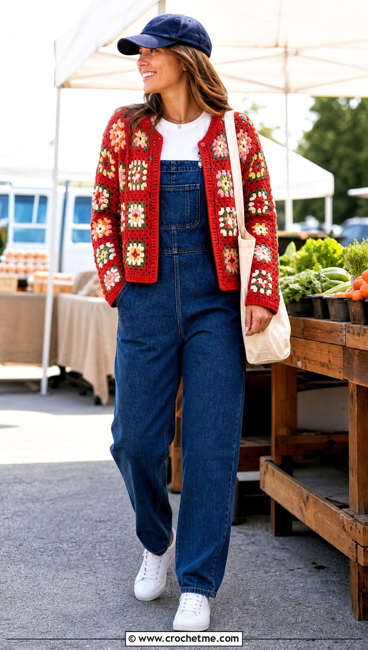 Willow Granny Square Cardigan With Denim Overalls - 35 Willow Granny Square Cardigan outfit ideas
