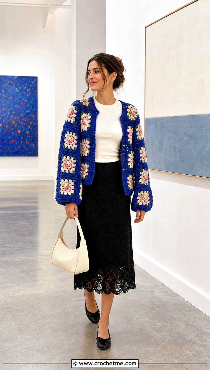 Willow Granny Square Cardigan With Lace Midi Skirt - 35 Willow Granny Square Cardigan outfit ideas