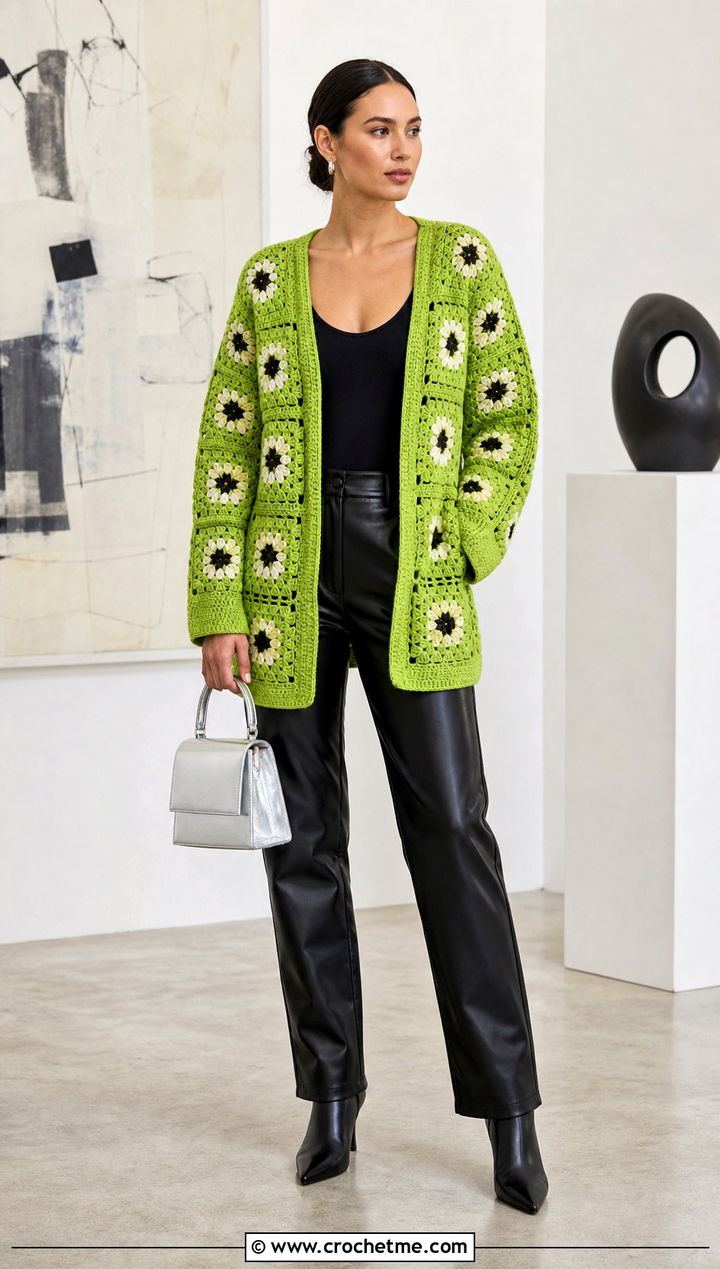 Willow Granny Square Cardigan With Leather Pants - 35 Willow Granny Square Cardigan outfit ideas