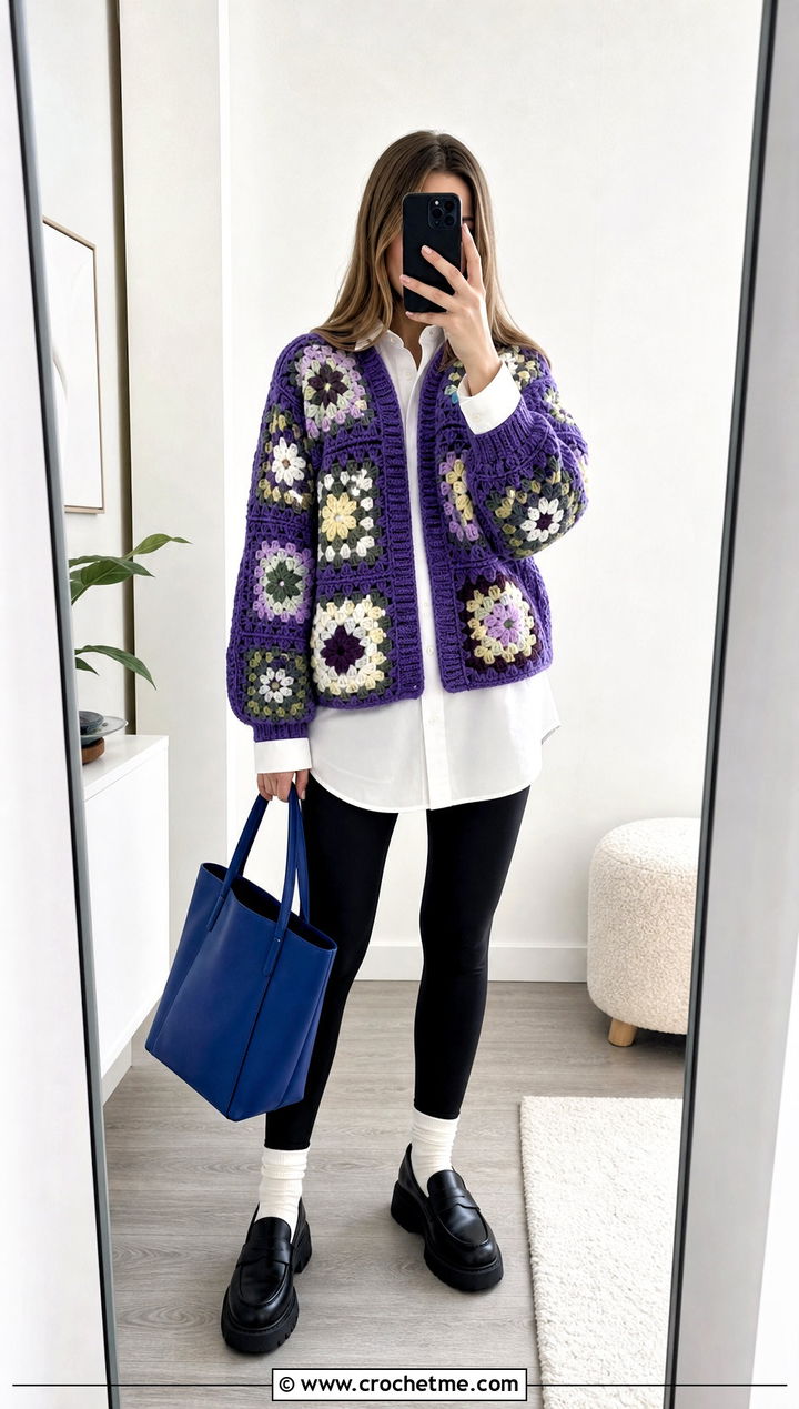 Willow Granny Square Cardigan With Leggings And Button Down - 35 Willow Granny Square Cardigan outfit ideas