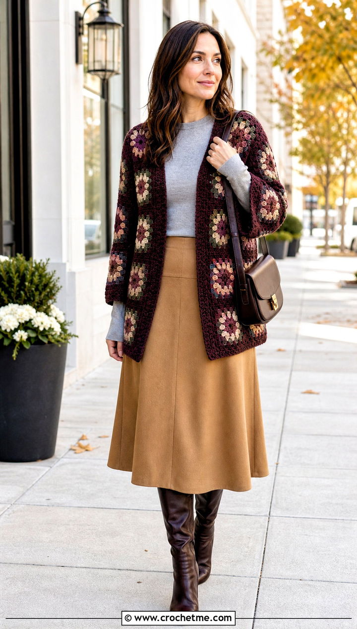 Willow Granny Square Cardigan With Midi Skirt And Boots - 35 Willow Granny Square Cardigan outfit ideas
