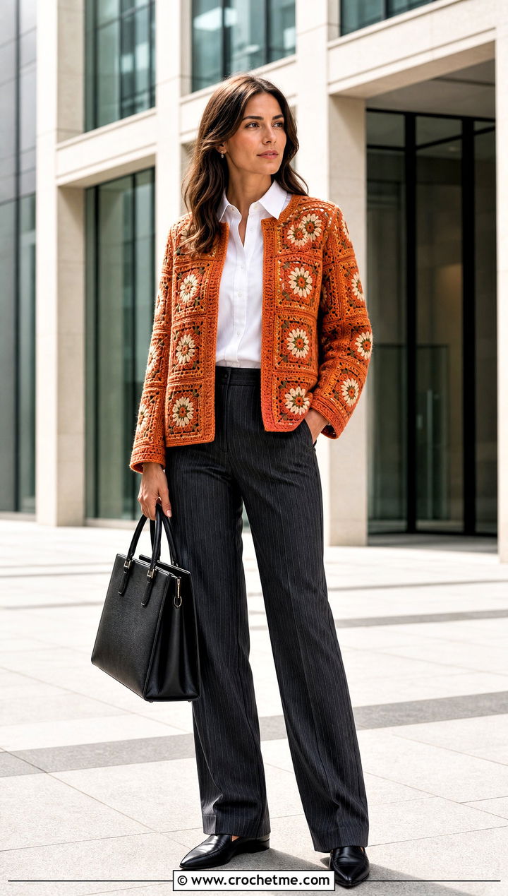 Willow Granny Square Cardigan With Pinstripe Suit - 35 Willow Granny Square Cardigan outfit ideas