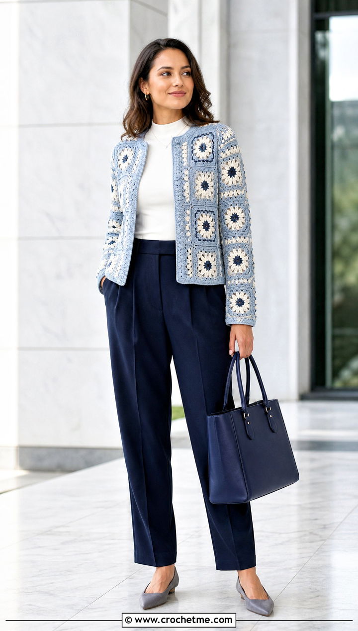 Willow Granny Square Cardigan With Pleated Trousers - 35 Willow Granny Square Cardigan outfit ideas