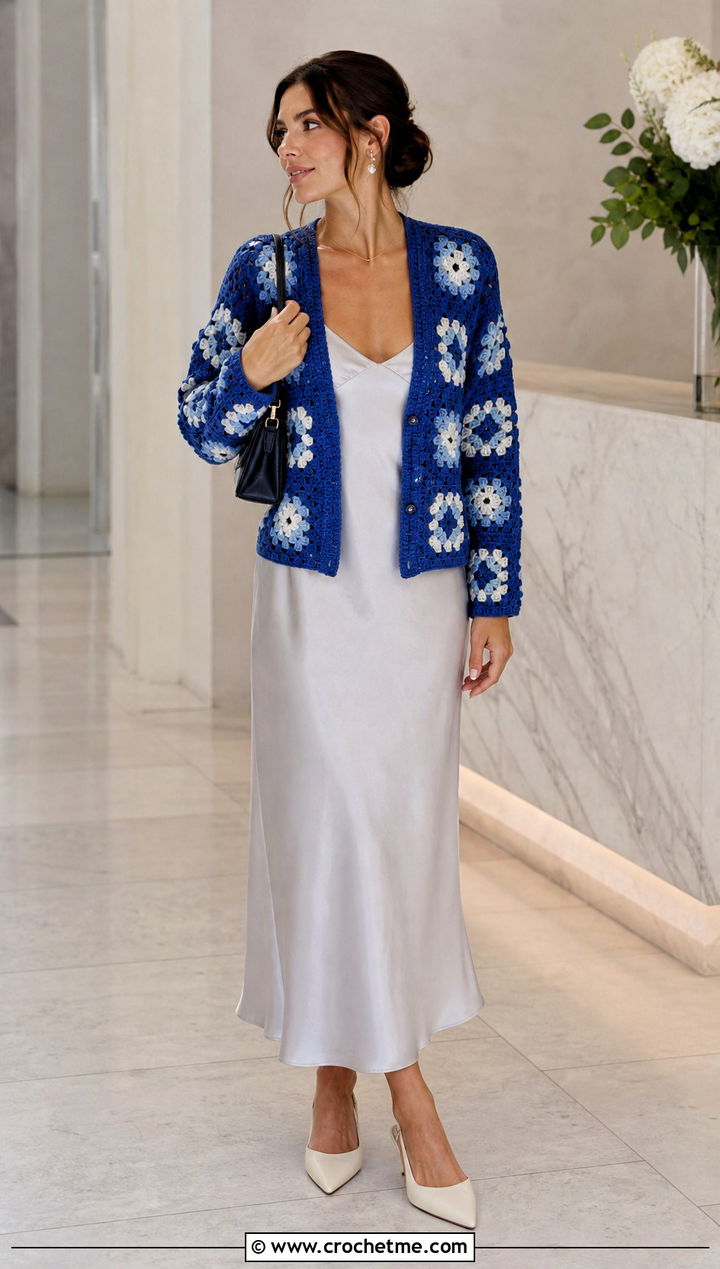 Willow Granny Square Cardigan With Satin Slip Dress - 35 Willow Granny Square Cardigan outfit ideas