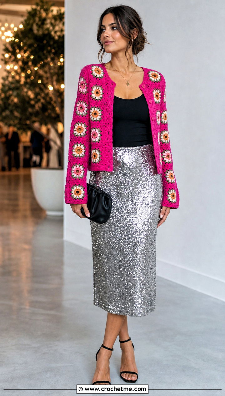 Willow Granny Square Cardigan With Sequin Skirt - 35 Willow Granny Square Cardigan outfit ideas