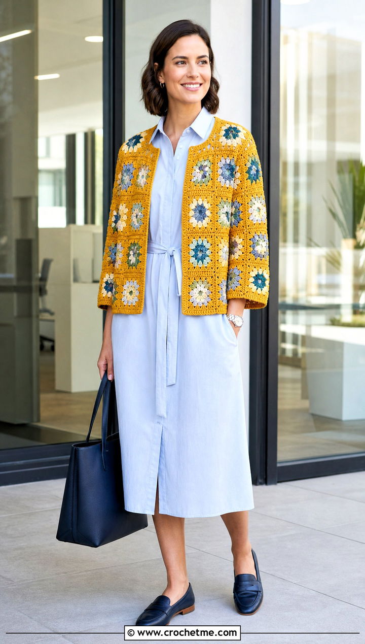 Willow Granny Square Cardigan With Shirt Dress - 35 Willow Granny Square Cardigan outfit ideas