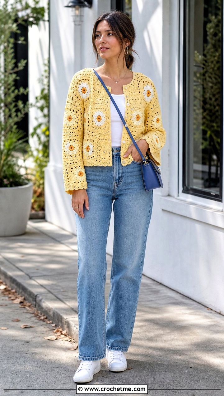 Willow Granny Square Cardigan With Straight Leg Jeans - 35 Willow Granny Square Cardigan outfit ideas