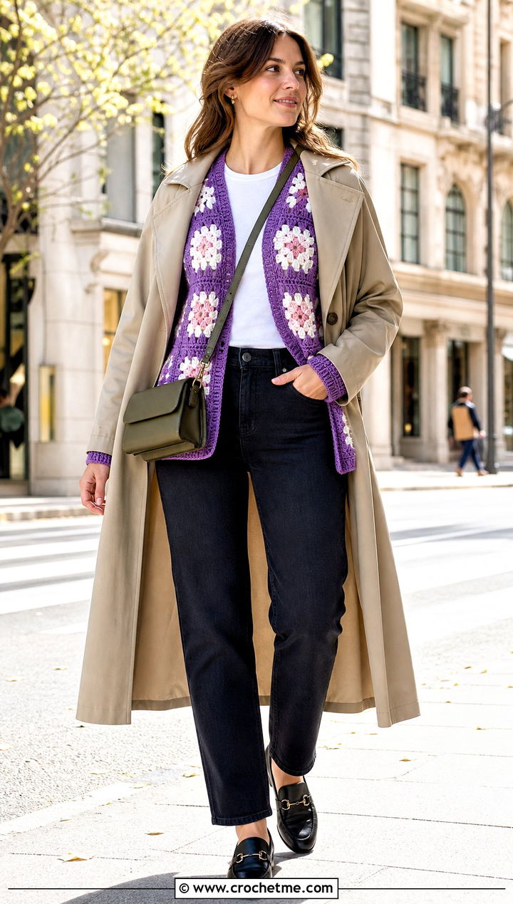 Willow Granny Square Cardigan With Trench Coat And Jeans - 35 Willow Granny Square Cardigan outfit ideas