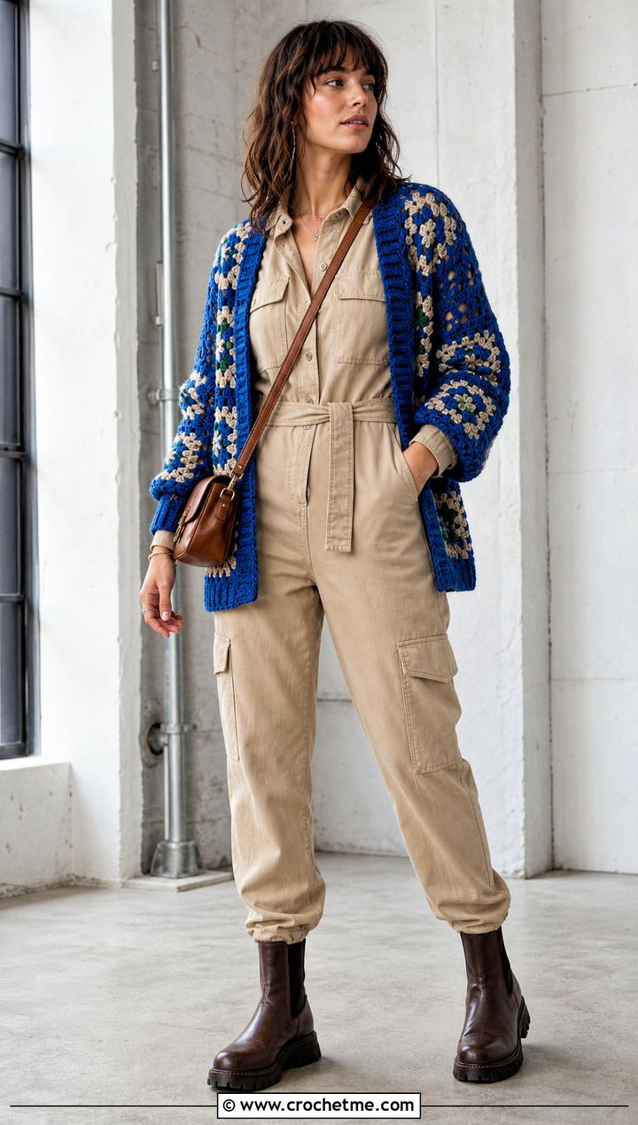 Willow Granny Square Cardigan With Utility Jumpsuit - 35 Willow Granny Square Cardigan outfit ideas