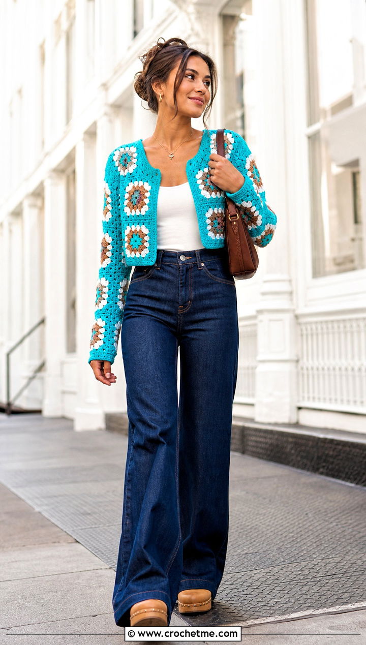 Willow Granny Square Cardigan With Wide Leg Jeans - 35 Willow Granny Square Cardigan outfit ideas