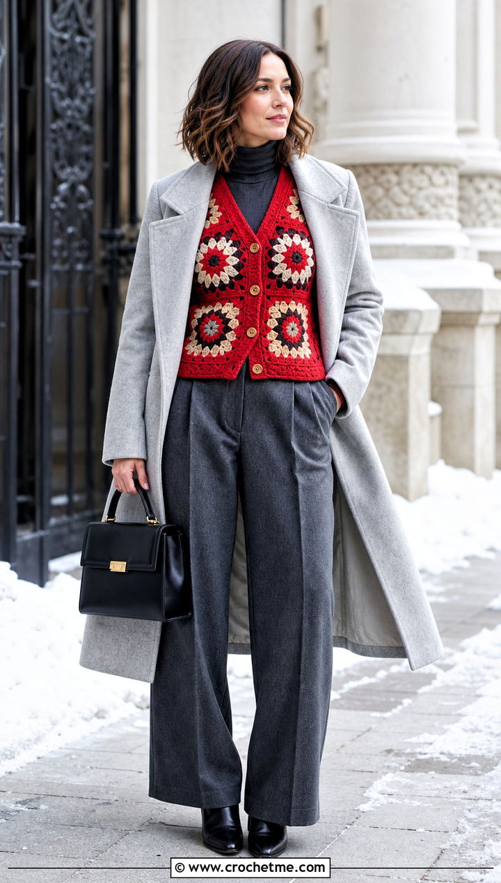 Willow Granny Square Cardigan With Wool Trousers - 35 Willow Granny Square Cardigan outfit ideas