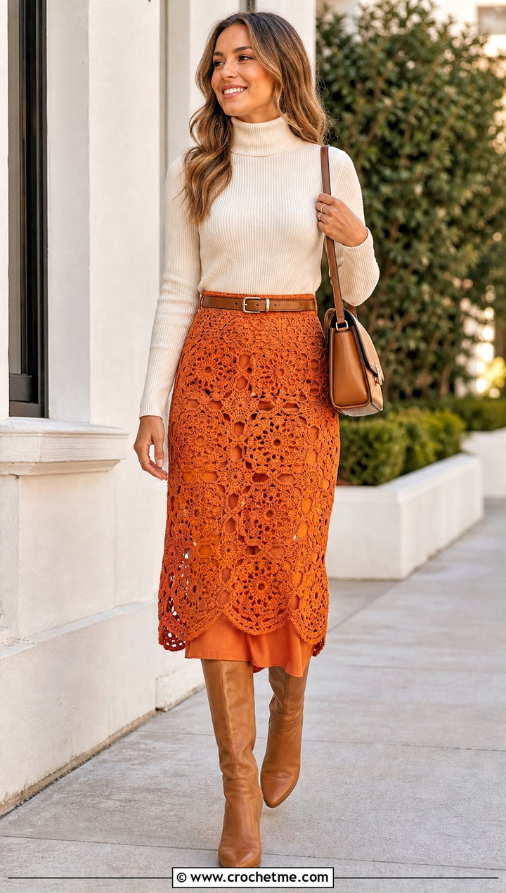 Willow Granny Square Midi Skirt With Fitted Turtleneck - 35 Granny Square Outfit ideas