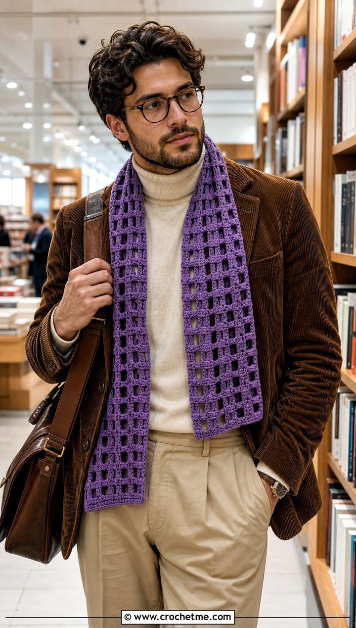 Windowpane Crochet Scarf With Corduroy Blazer - 30 male crochet scarf outfit ideas