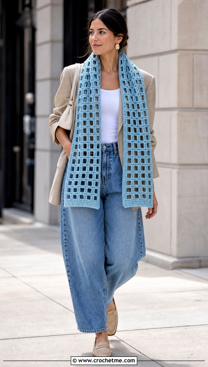 Windowpane Double Crochet Scarf With Blazer And Barrel Jeans - 35 double crochet scarf outfit ideas