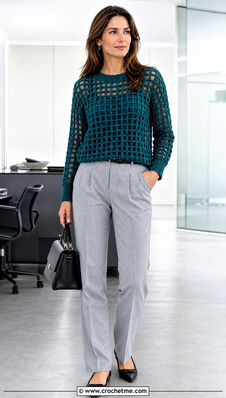 Windowpane Grid Crochet Sweater With Tailored Trousers - 15 grid crochet sweater design outfit ideas
