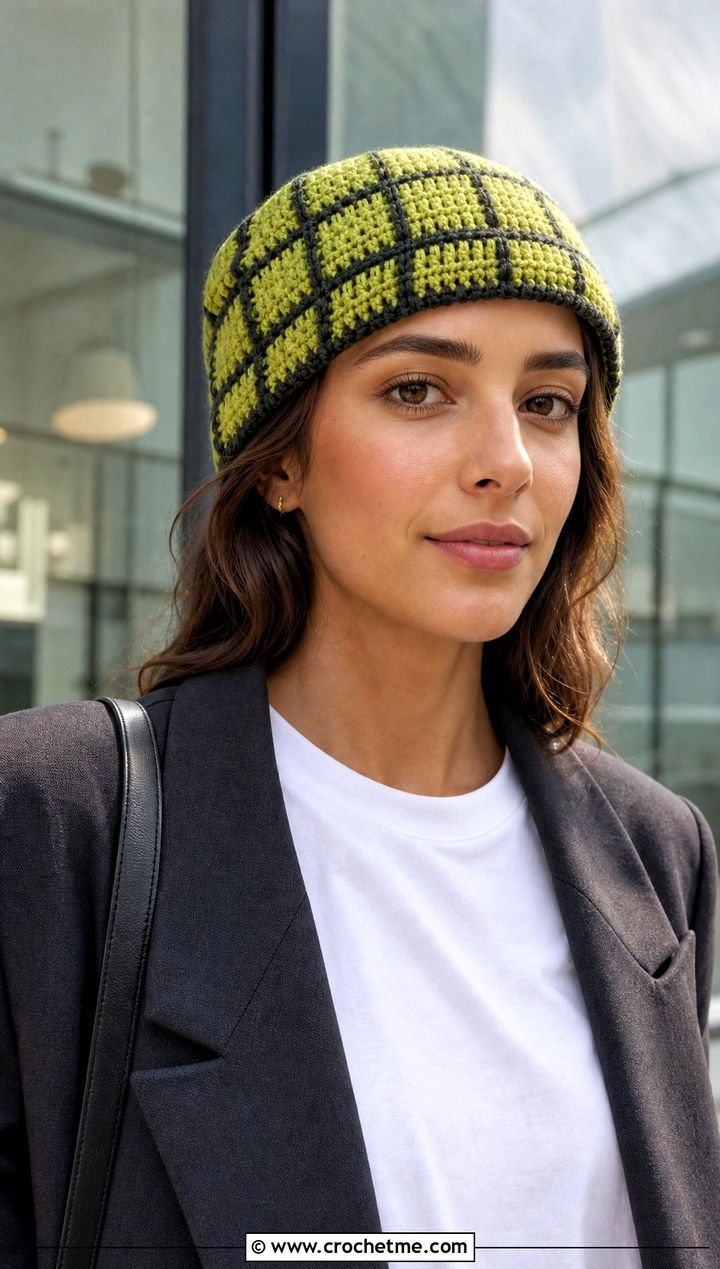 Windowpane Plaid Fisherman Beanie With Blazer - 15 Plaid Crochet Beanie outfit ideas
