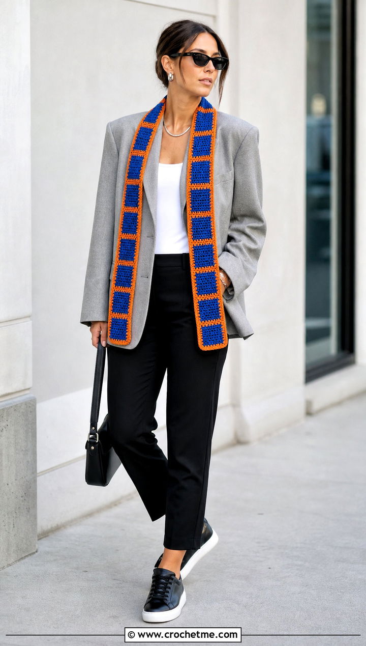 Windowpane Tapestry Crochet Scarf With Oversized Blazer - 35 tapestry crochet scarf outfit ideas
