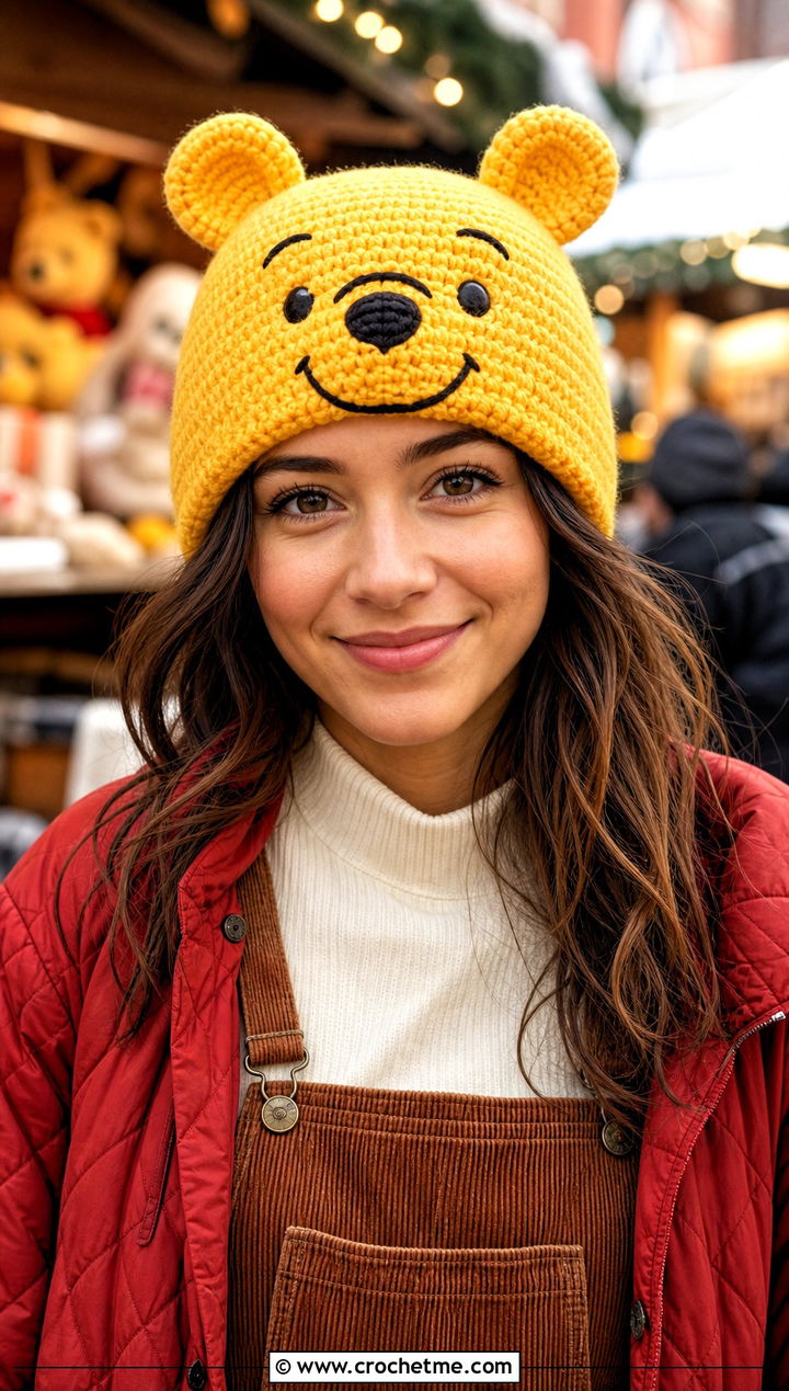 Winnie The Pooh Beanie With Corduroy Overalls - 25 Crochet Disney Beanie outfit ideas