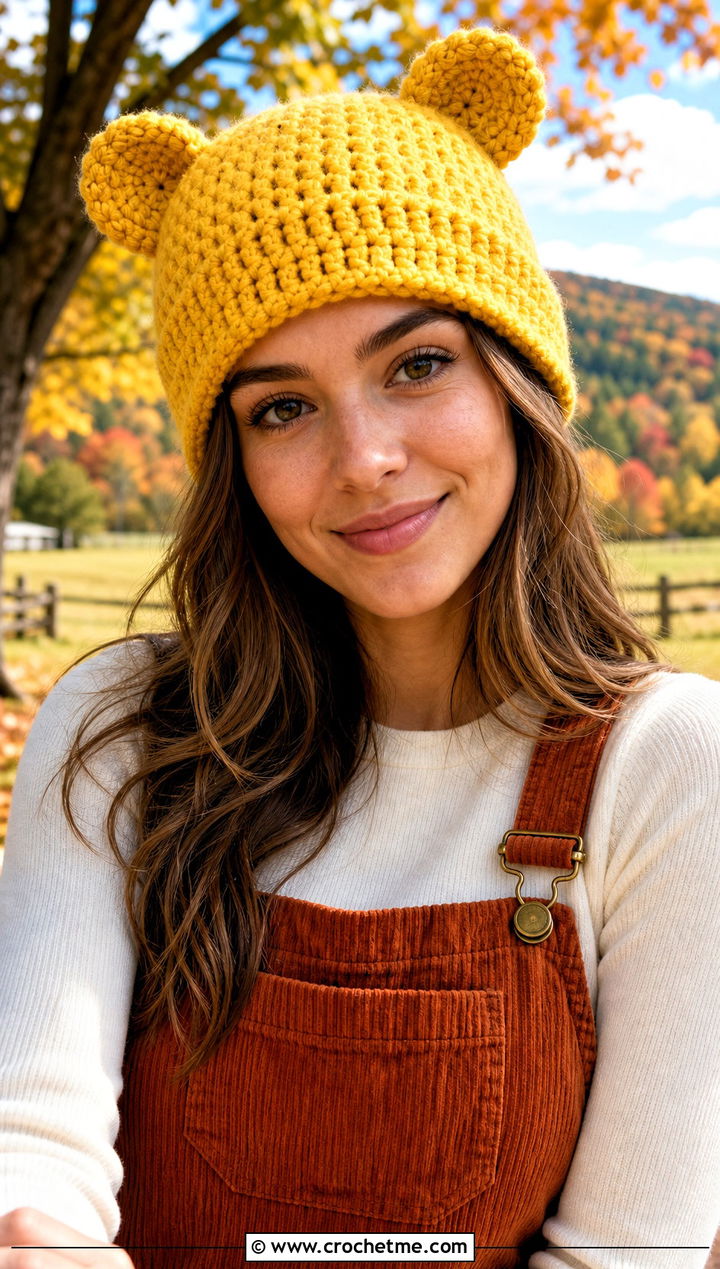 Winnie The Pooh Beanie With Corduroy Overalls - 30 disney crochet hat outfit ideas