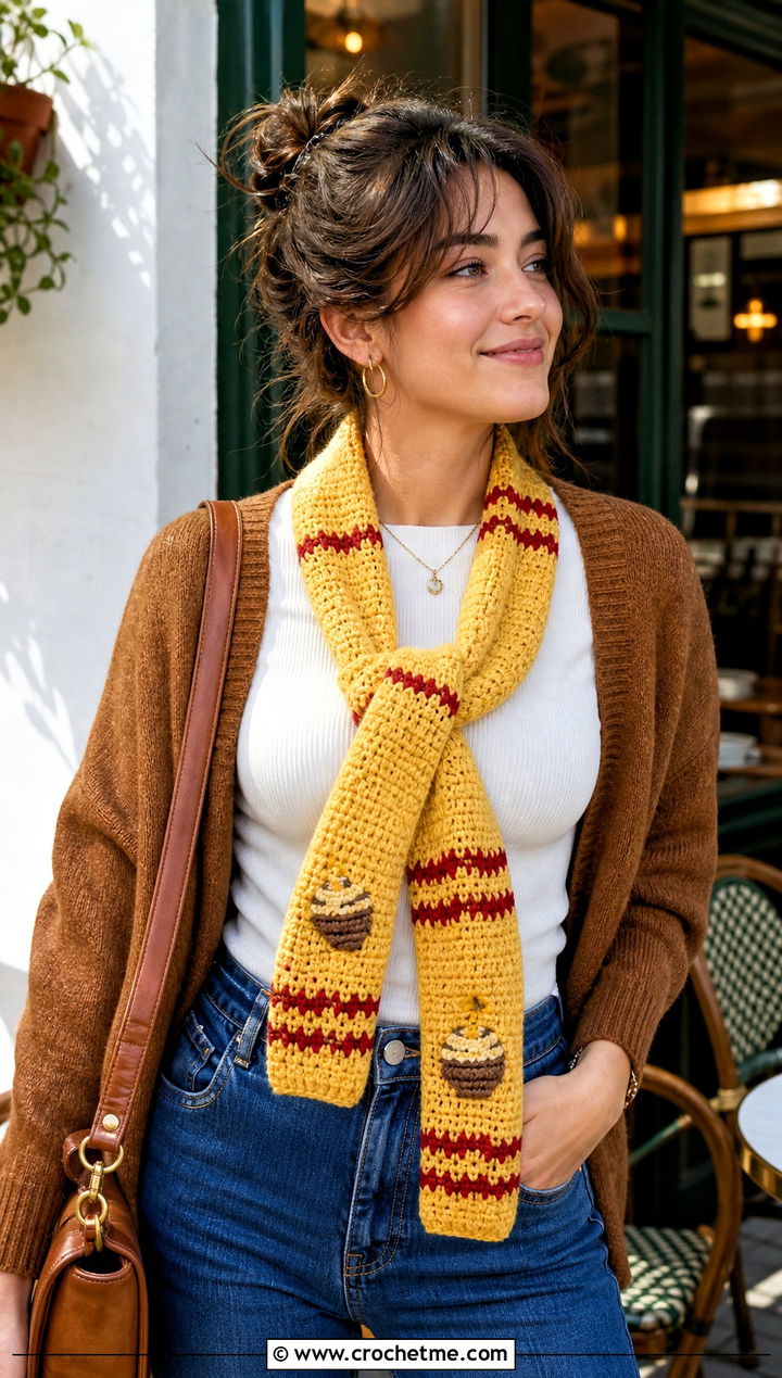 Winnie The Pooh Skinny Crochet Scarf With Cardigan - 20 Crochet Disney Scarf outfit ideas
