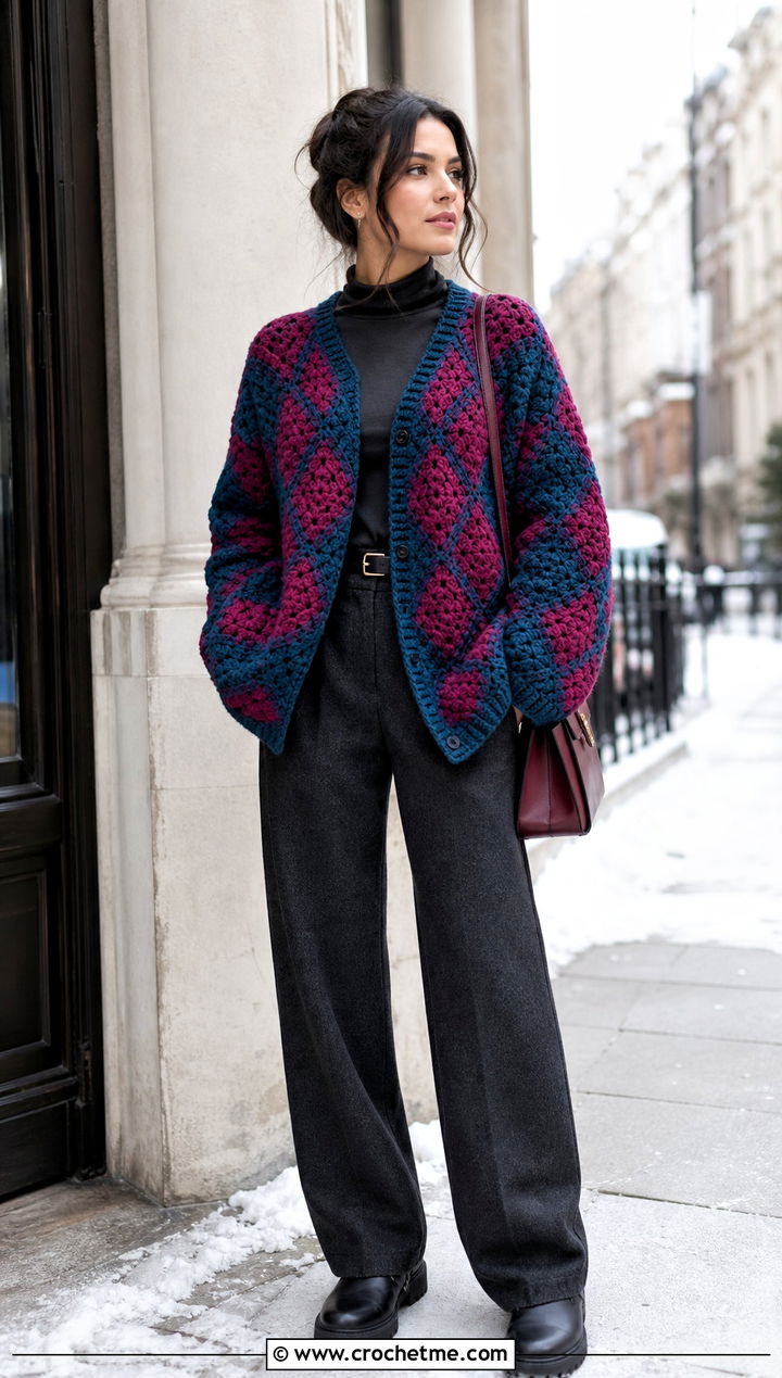 Winter Howl Crochet Cardigan With Wool Trousers And Boots - 25 Howl Crochet Cardigan outfit ideas