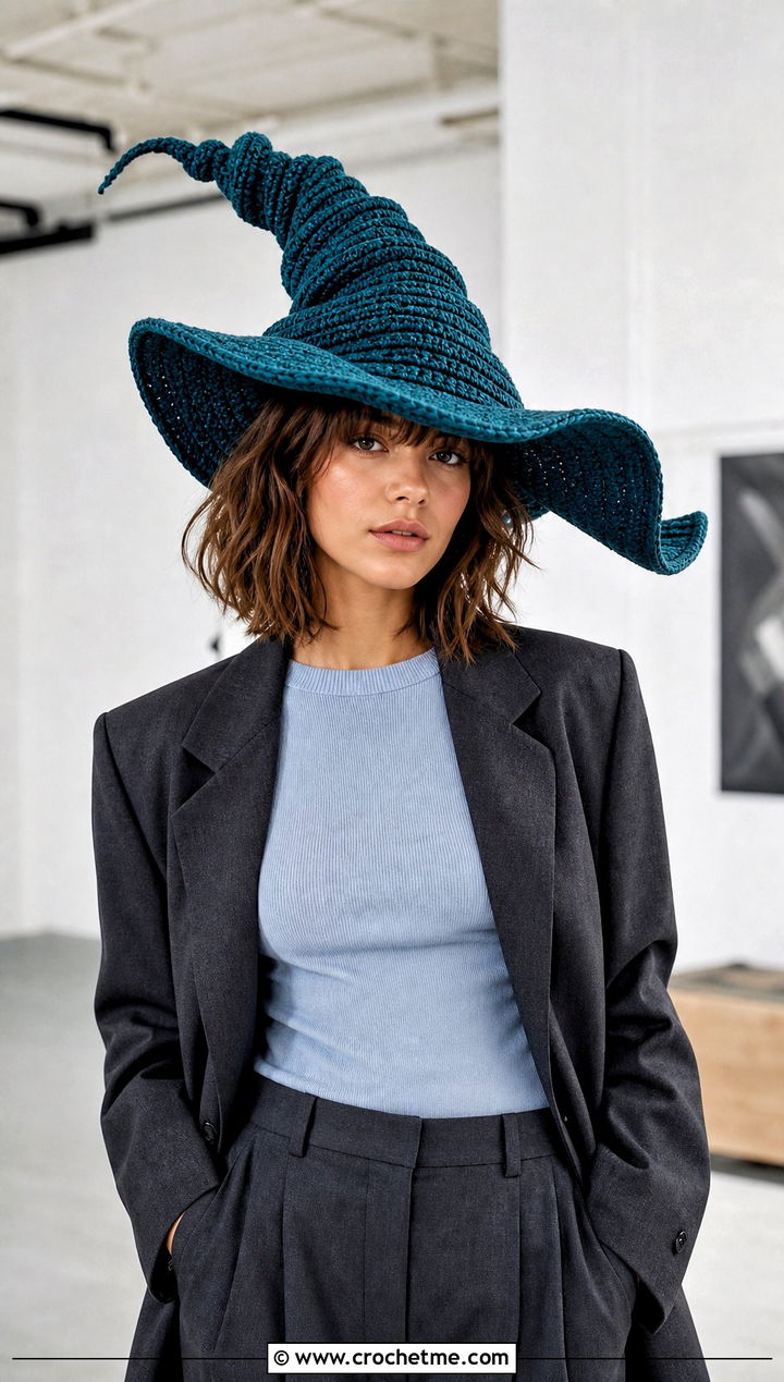 Wire Brim Crochet Twisted Witch Hat With Blazer - 25 crochet twisted witch hat outfit ideas