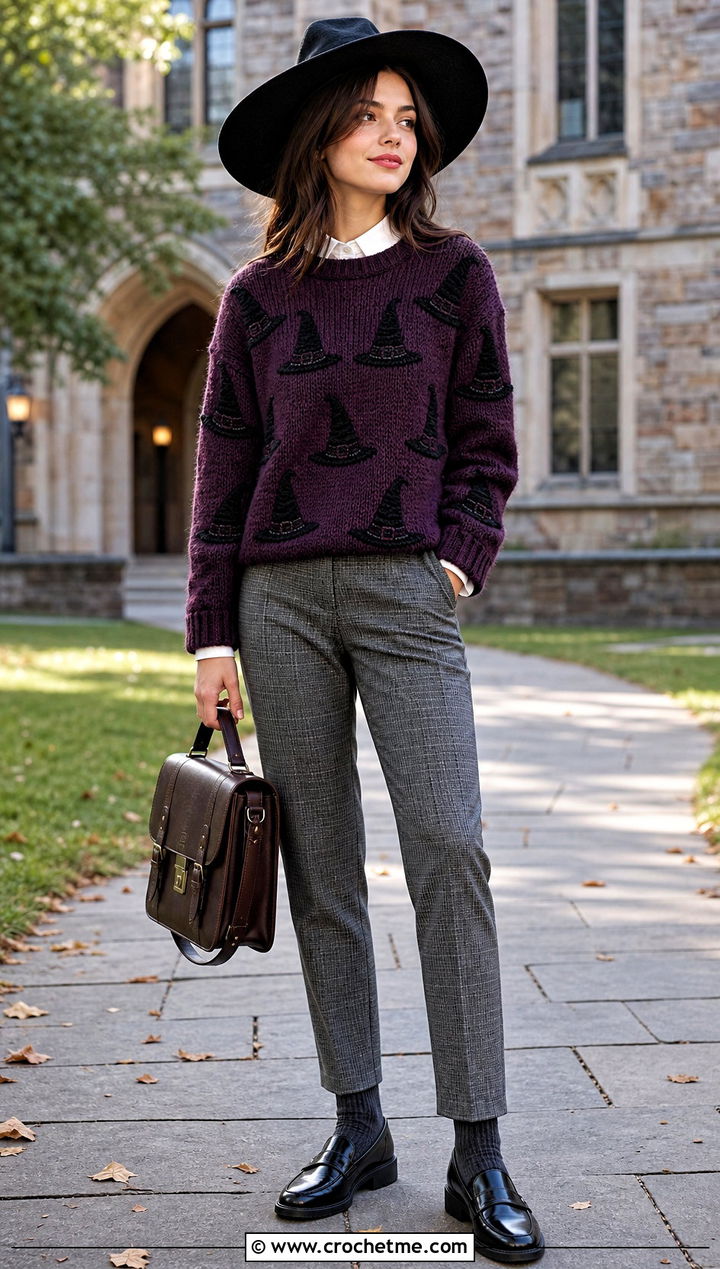 Witch Hat Crochet Halloween Sweater With Plaid Trousers - 35 Crochet Halloween Sweater outfit ideas