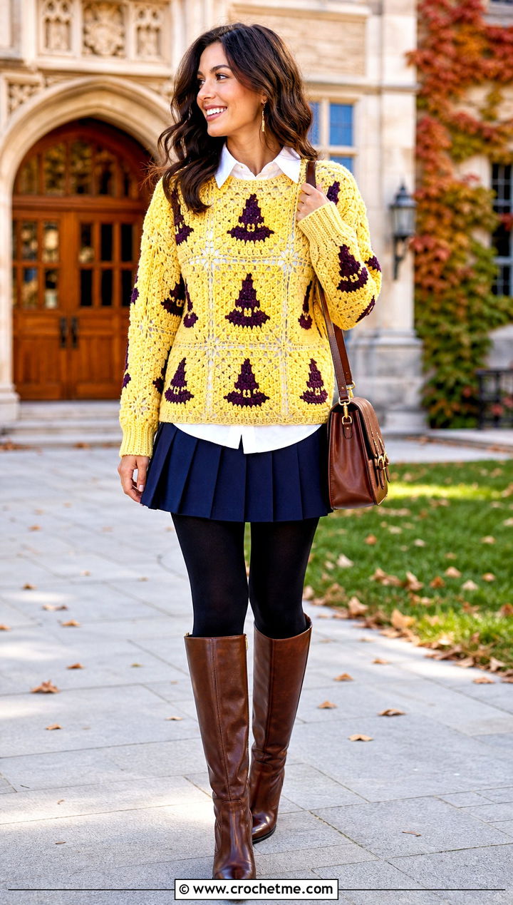 Witch Hat Granny Square Halloween Sweater With Pleated Mini Skirt - 15 Crochet Granny Square Halloween Sweater outfit ideas