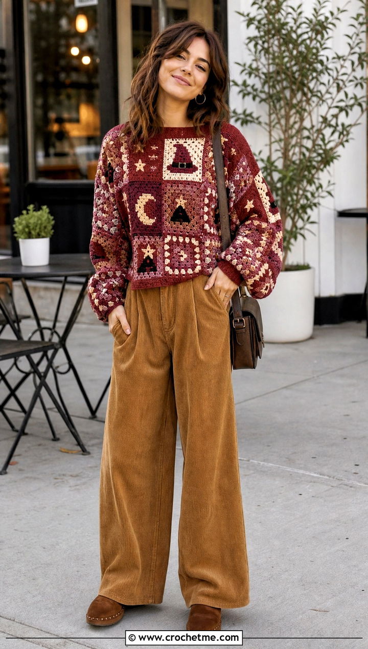 Witch Hat Patchwork Crochet Sweater With Corduroy Pants - 15 Spooky Crochet Sweater outfit ideas