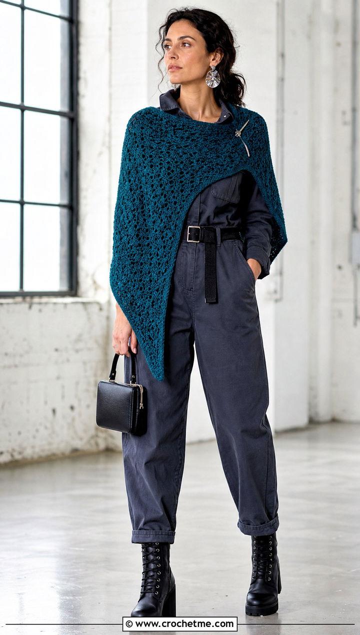 Witchy Asymmetrical Crochet Shawl With Utility Jumpsuit - 25 Witchy Crochet Shawl outfit ideas
