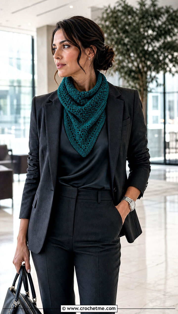Witchy Crescent Crochet Shawl With Tailored Pantsuit - 25 Witchy Crochet Shawl outfit ideas