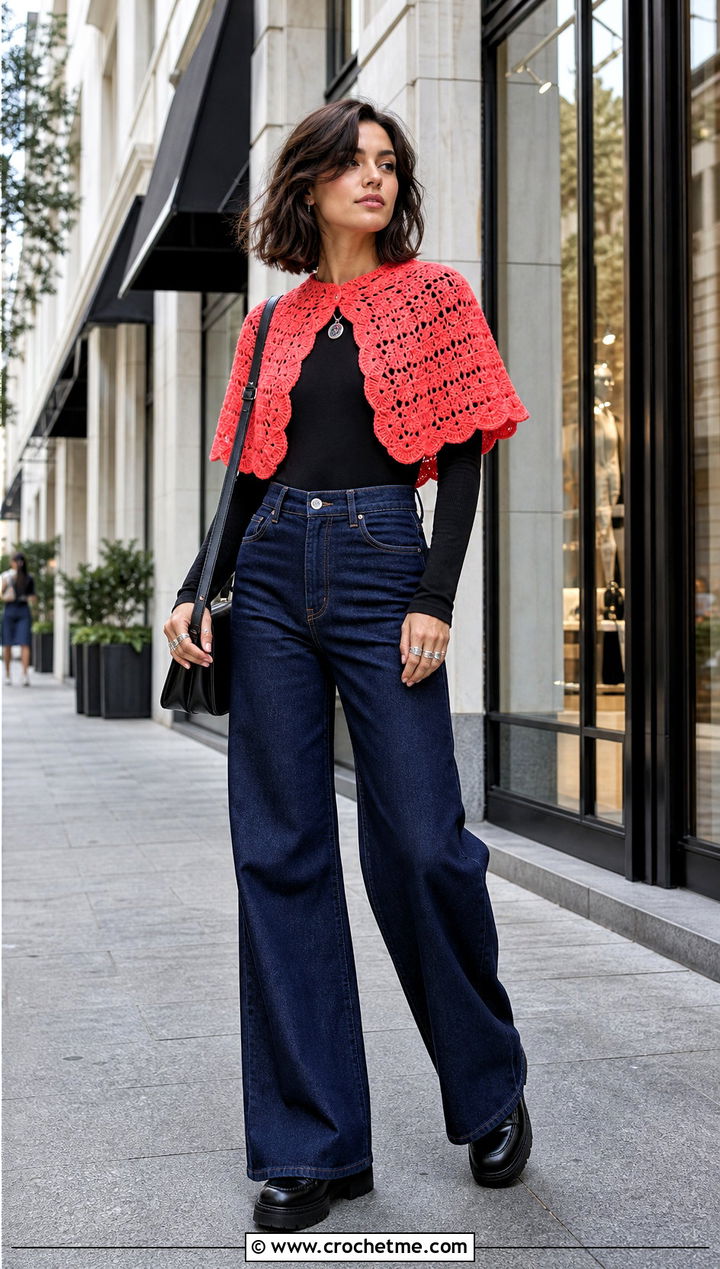 Witchy Crochet Capelet Shawl With Wide Leg Jeans - 25 Witchy Crochet Shawl outfit ideas