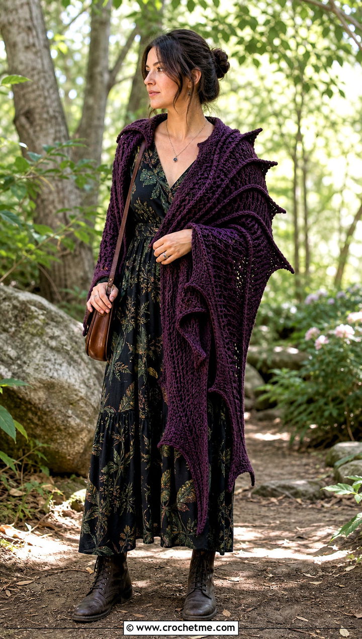 Witchy Dragon Wing Crochet Shawl With Floral Maxi Dress - 25 Witchy Crochet Shawl outfit ideas