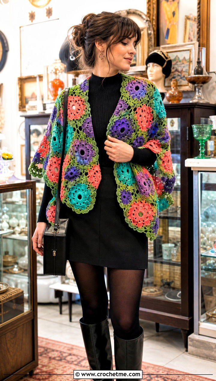 Witchy Flower Motif Crochet Shawl With Mini Skirt - 25 Witchy Crochet Shawl outfit ideas