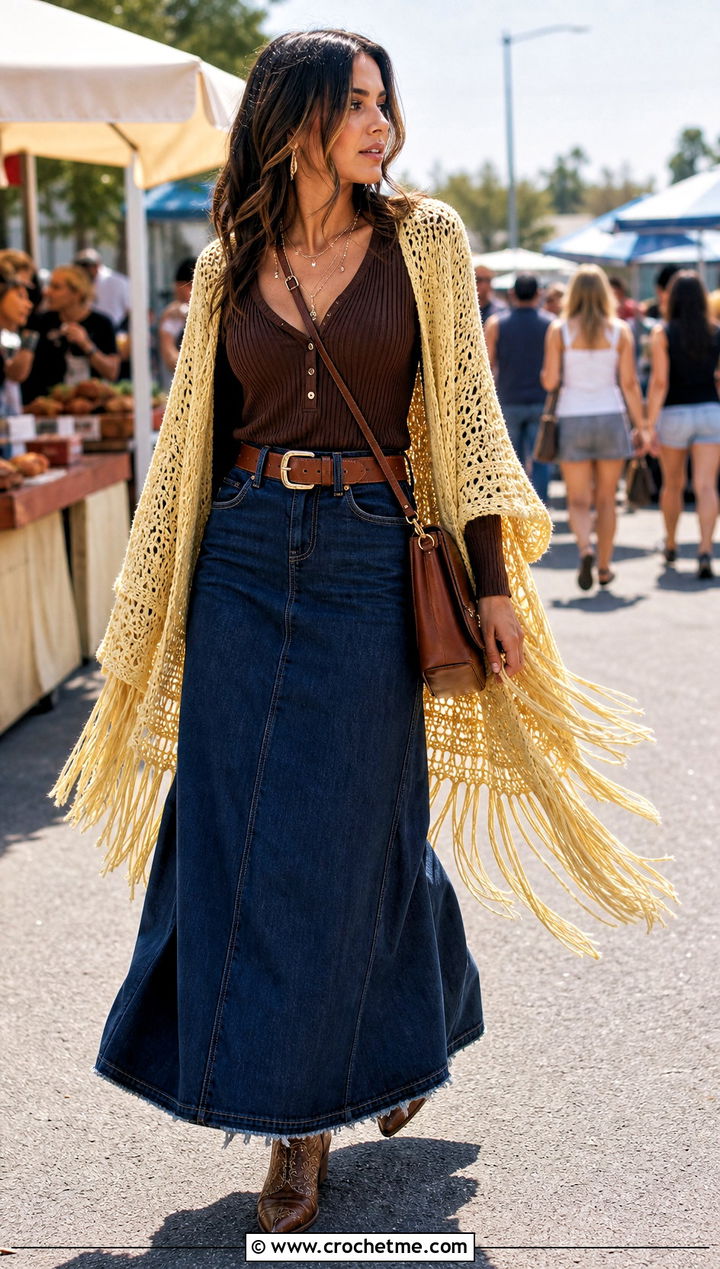 Witchy Fringed Crochet Shawl With Denim Maxi Skirt - 25 Witchy Crochet Shawl outfit ideas