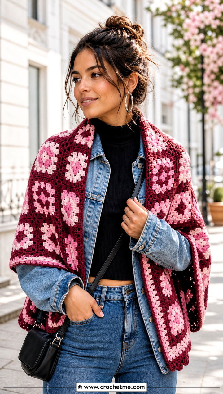 Witchy Granny Square Crochet Shawl With Denim Jacket - 25 Witchy Crochet Shawl outfit ideas