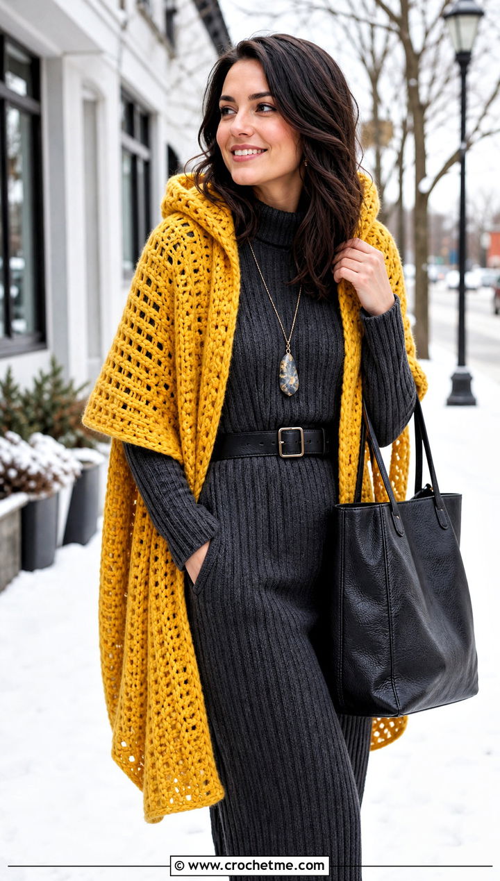 Witchy Hooded Crochet Shawl With Sweater Dress - 25 Witchy Crochet Shawl outfit ideas