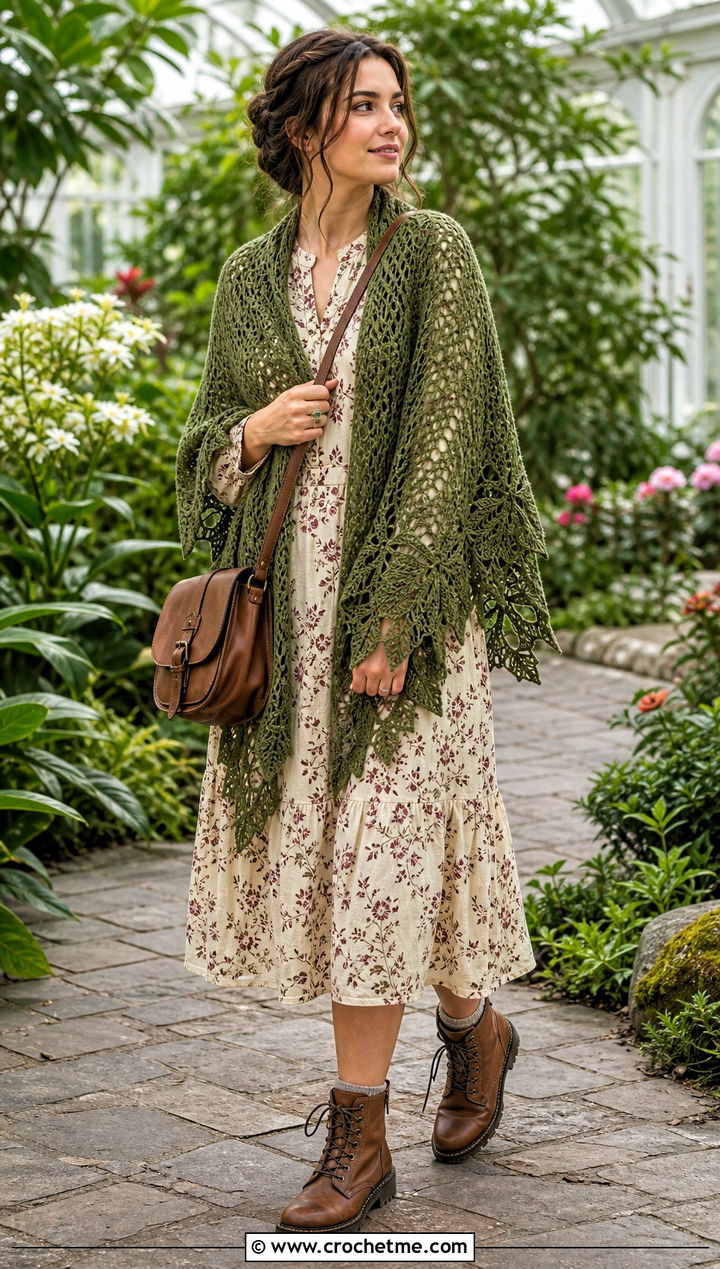 Witchy Leaf Lace Crochet Shawl With Cottage Dress - 25 Witchy Crochet Shawl outfit ideas