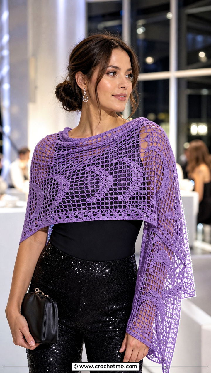 Witchy Moon Phase Filet Crochet Shawl With Sequin Pants - 25 Witchy Crochet Shawl outfit ideas
