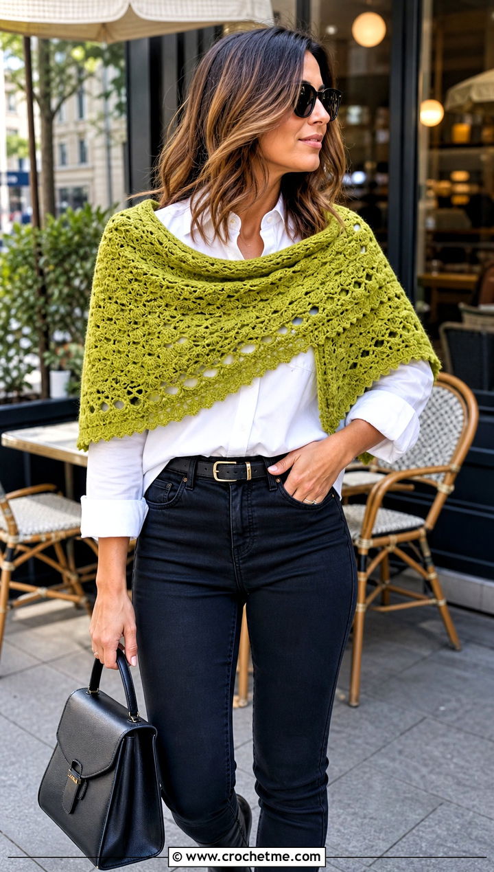 Witchy Shell Stitch Crochet Shawl With White Shirt - 25 Witchy Crochet Shawl outfit ideas