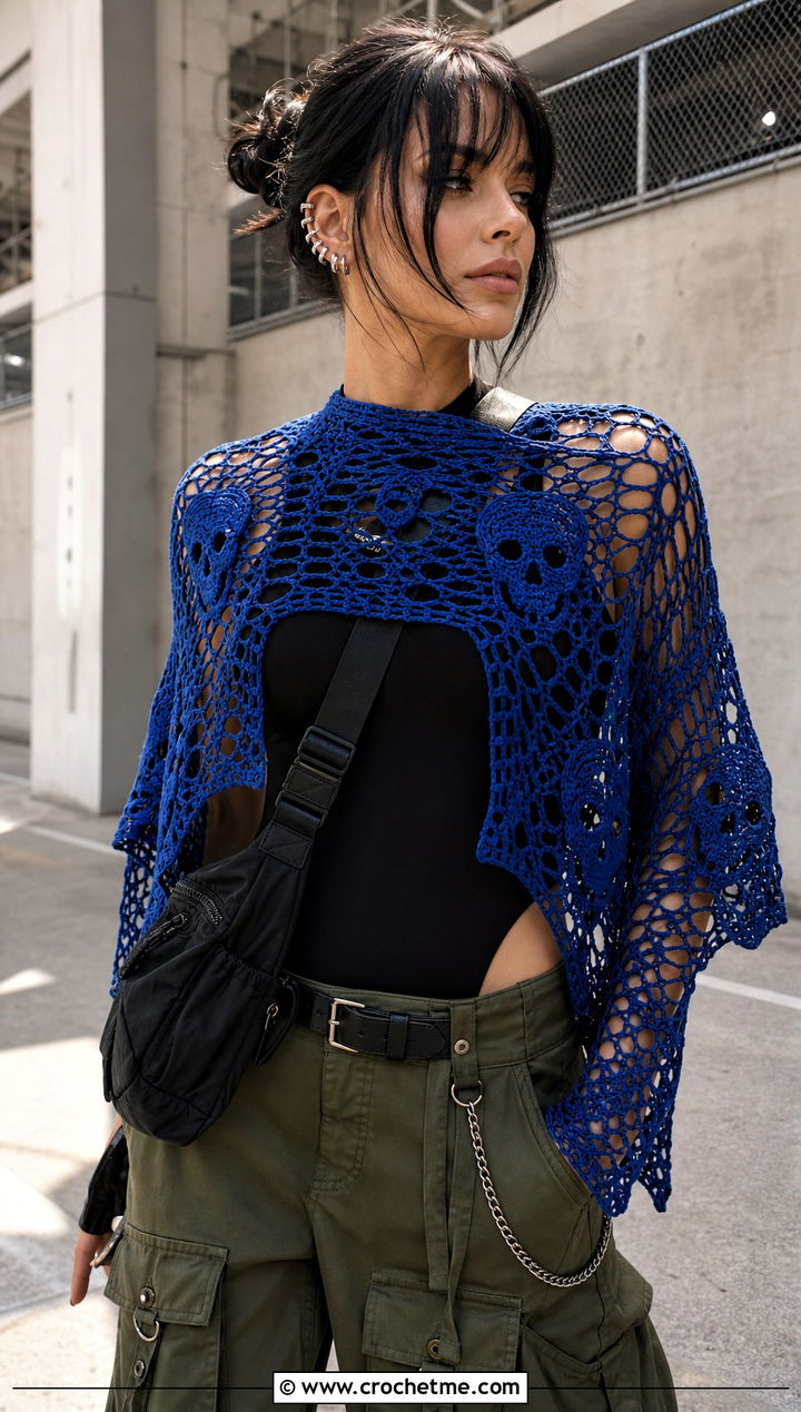 Witchy Skull Motif Crochet Shawl With Cargo Pants - 25 Witchy Crochet Shawl outfit ideas