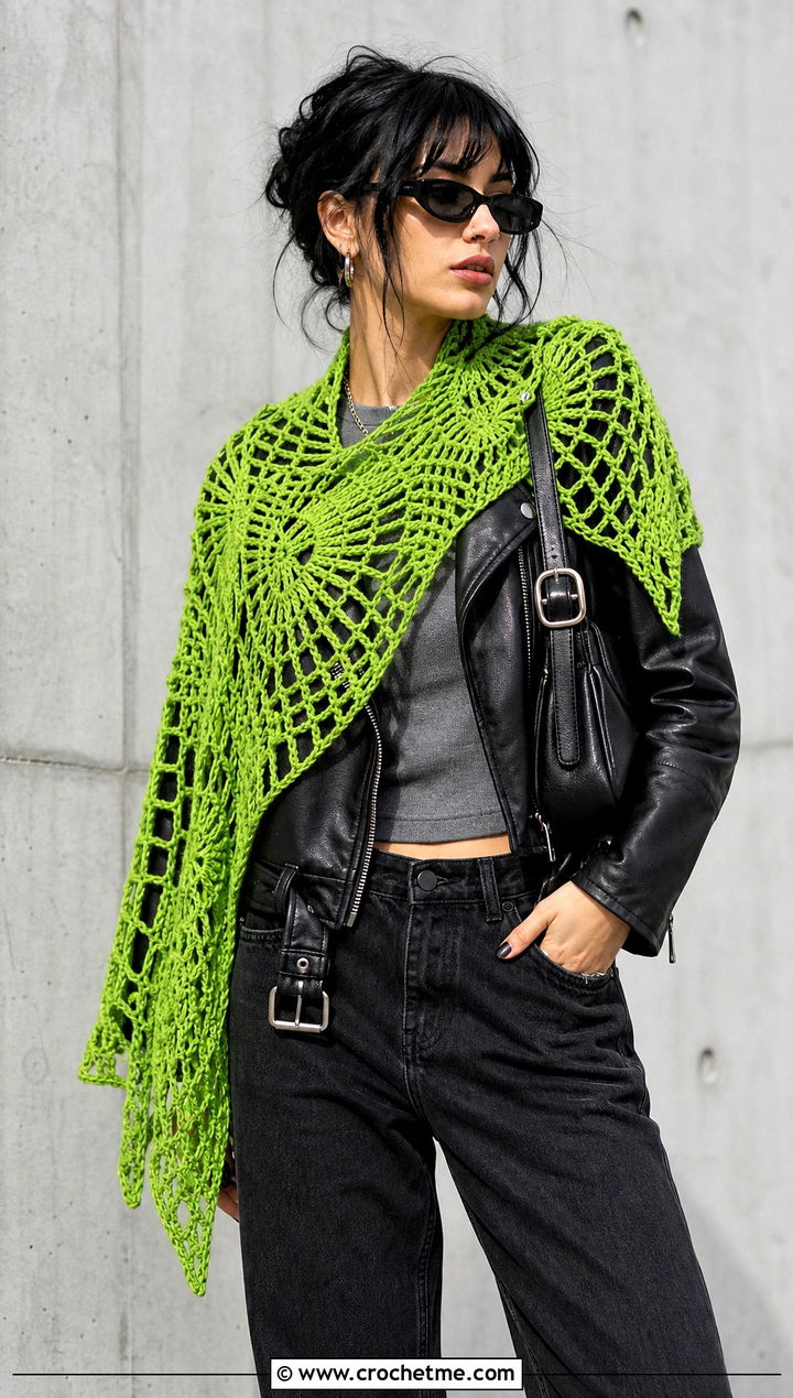 Witchy Spiderweb Crochet Shawl With Leather Jacket - 25 Witchy Crochet Shawl outfit ideas