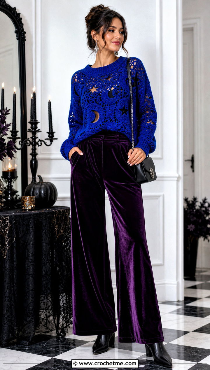 Witchy Star Crochet Halloween Sweater With Velvet Pants - 35 Crochet Halloween Sweater outfit ideas